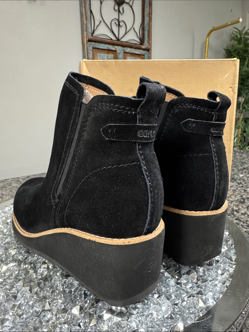 Earth Black Suede boho Wedge Ankle Boot - Women's NEW 9 - Picture 3 of 12